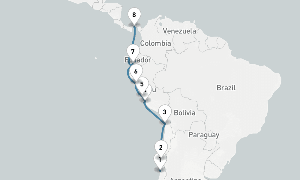12 days, one-way from Valparaiso-Santiago to Panama City 13日間