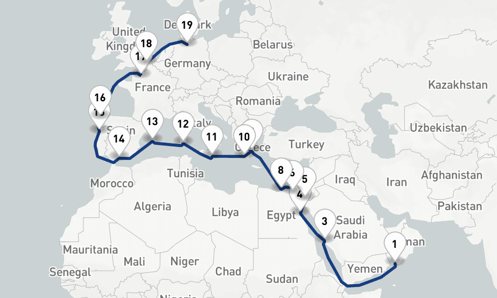 30 days, one-way from Salalah to Hamburg 31日間