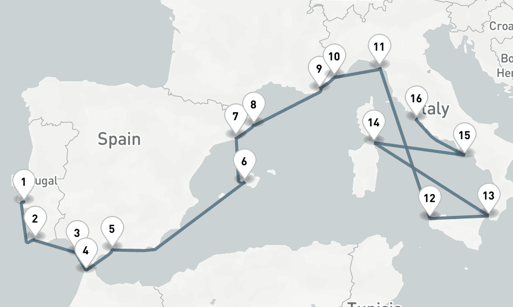 17 days, one-way from Lisbon to Civitavecchia-Rome 18日間