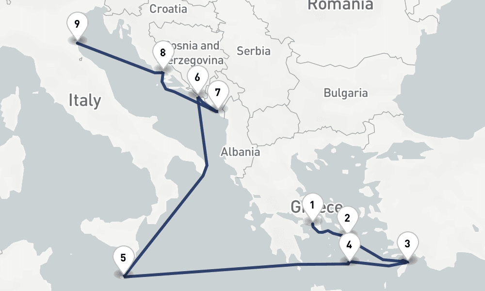 11 days, one-way from Piraeus-Athens to Ravenna 12日間