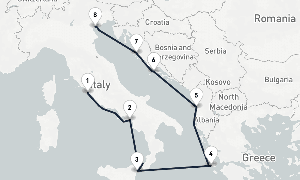 7 days, one-way from Civitavecchia-Rome to Venice 8日間
