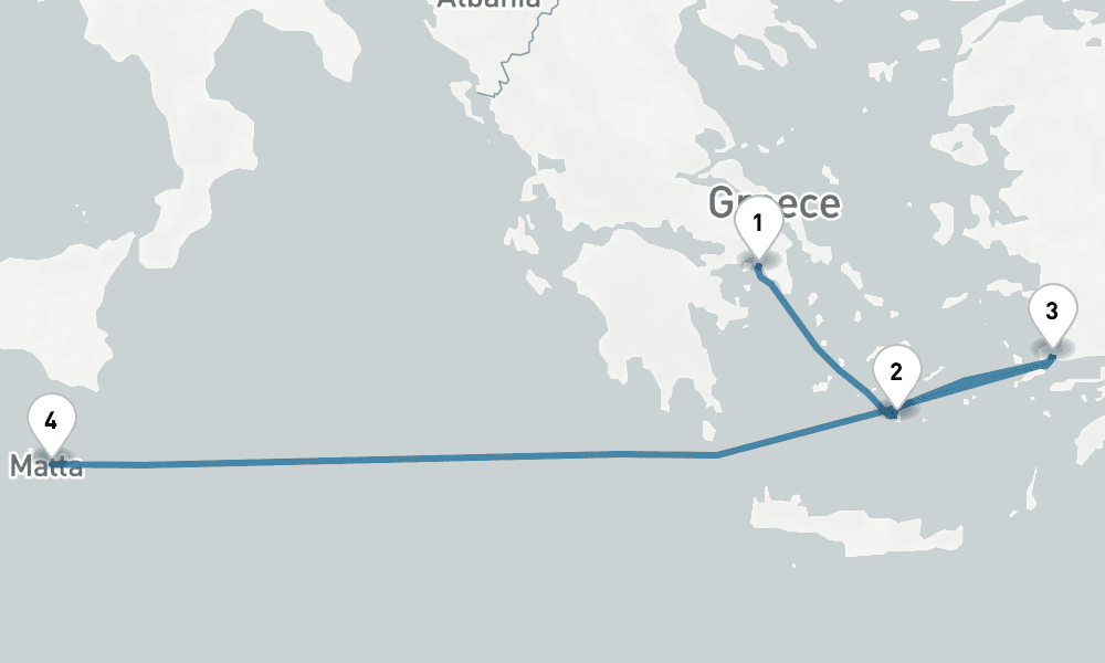 4 days, one-way from Piraeus-Athens to Valletta 5日間