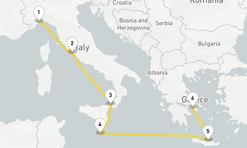 6 days, one-way from Savona to Piraeus-Athens 7日間