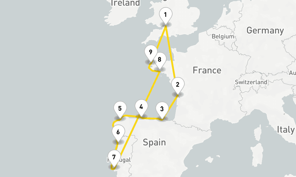 13 days, round-trip Vistas Of France, Spain Portugal 14日間