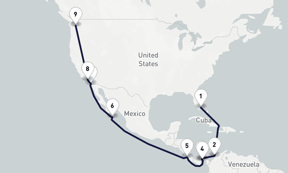 18 days, one-way from Miami to Seattle 19日間