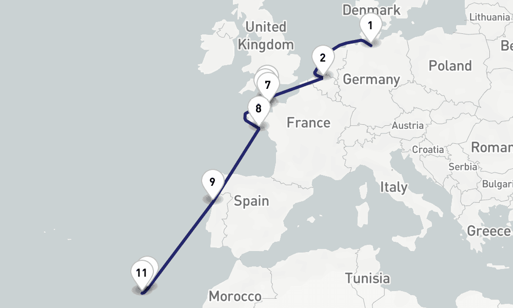 14 days, one-way from Hamburg to Funchal 15日間