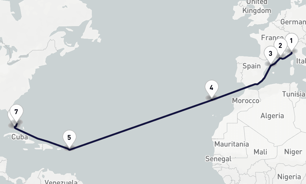 16 days, one-way from Genoa to Miami 17日間