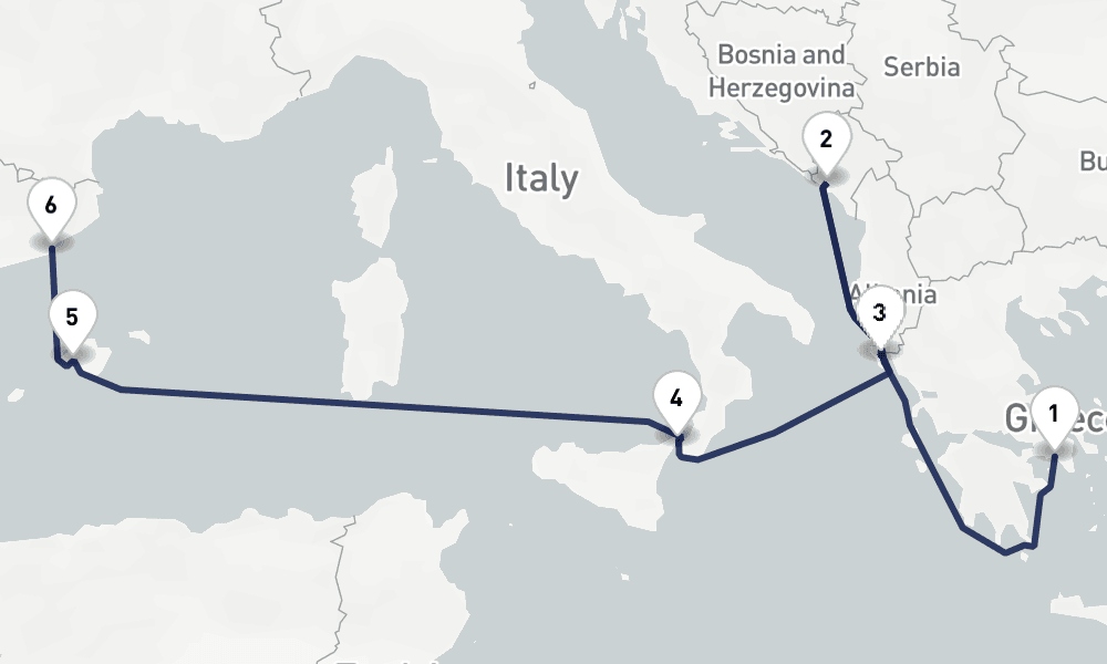 7 days, one-way from Piraeus-Athens to Barcelona 8日間