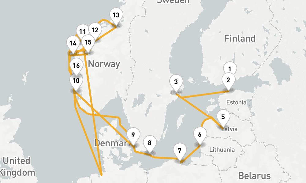 18 days, one-way from Helsinki to Copenhagen 19日間