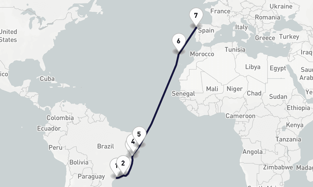 14 days, one-way from Santos to Vigo 15日間