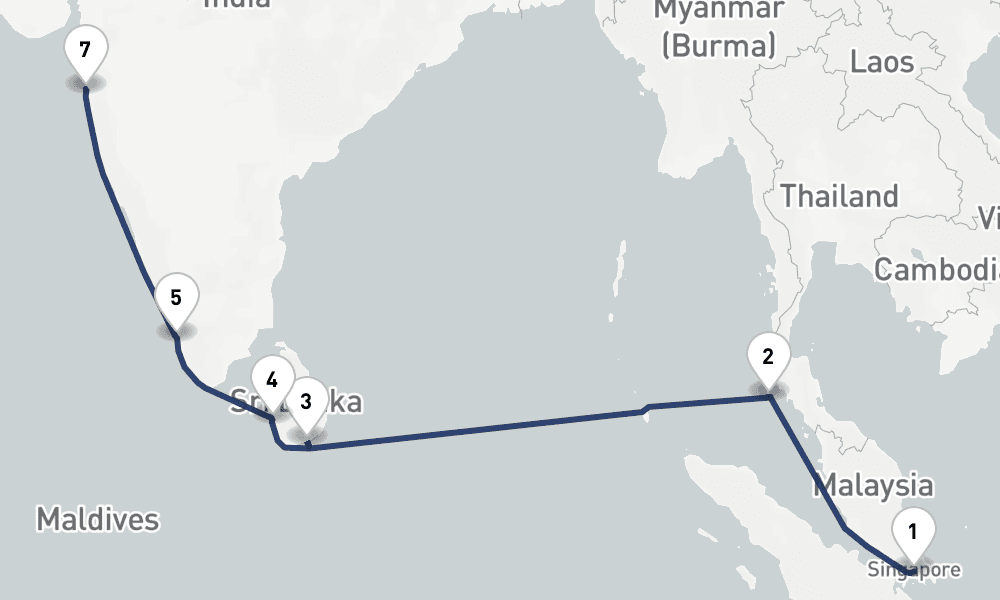 12 days, one-way from Singapore to Mumbai 13日間