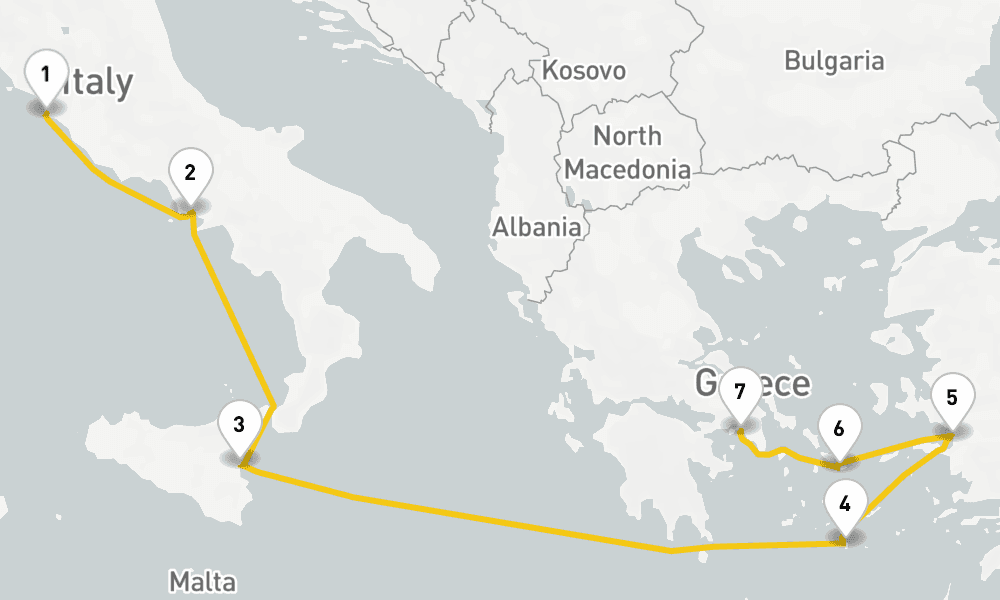 7 days, one-way from Civitavecchia-Rome to Piraeus-Athens 8日間
