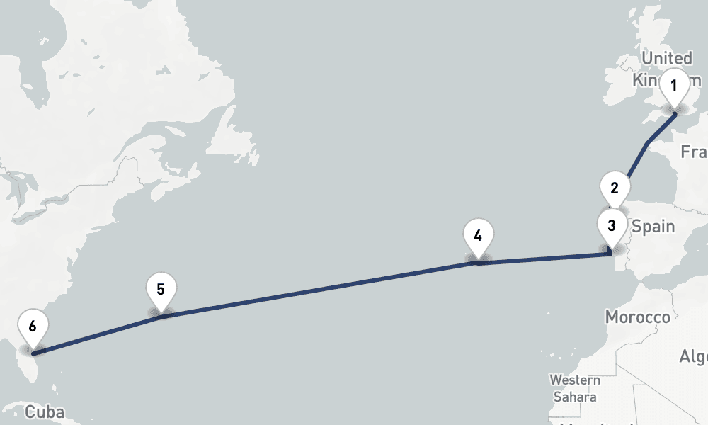 13 days, one-way from Southampton to Port Canaveral 14日間