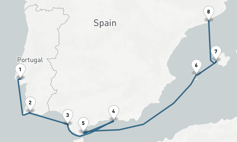 7 days, one-way from Lisbon to Barcelona 8日間