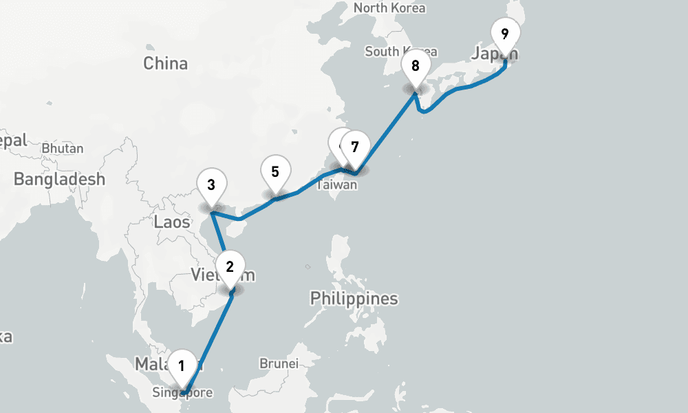 14 days, one-way from Singapore to Tokyo 15日間