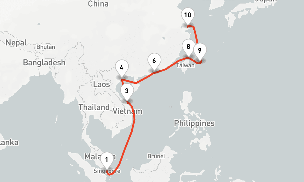 15 nights / 16 days, one-way from Singapore to Shanghai