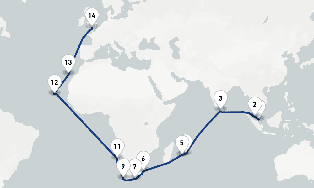 39 days, one-way from Singapore to Southampton 40日間