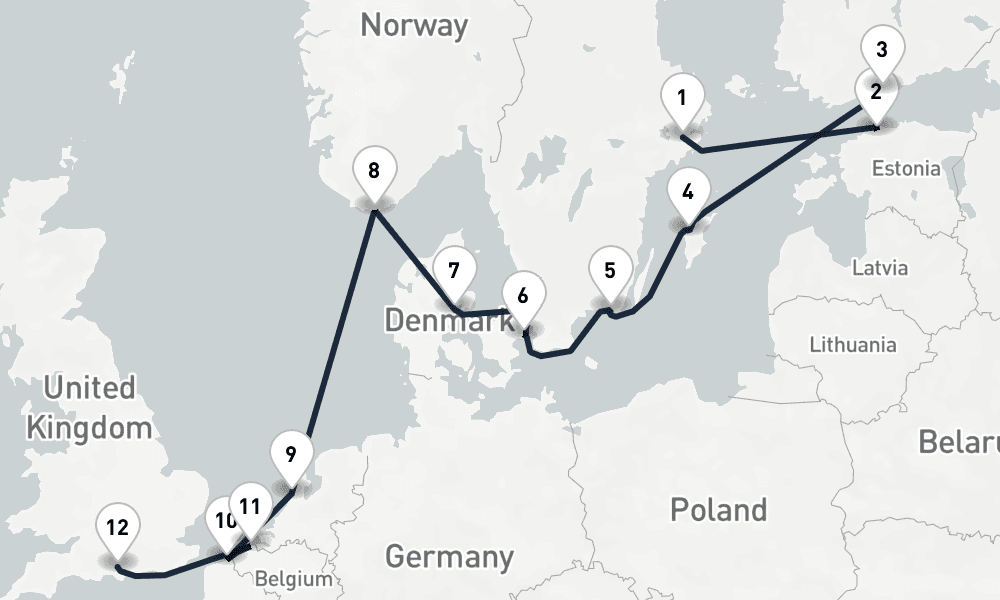 12 days, one-way from Stockholm to Southampton 13日間