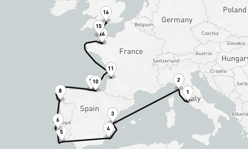 19 days, one-way from Civitavecchia-Rome to Southampton 20日間