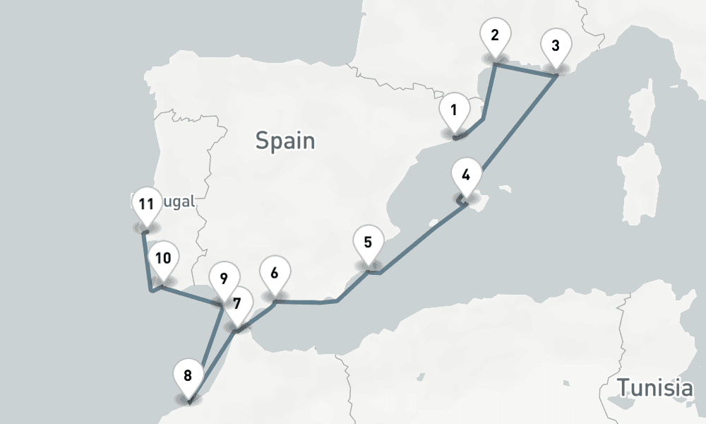 11 days, one-way from Barcelona to Lisbon 12日間