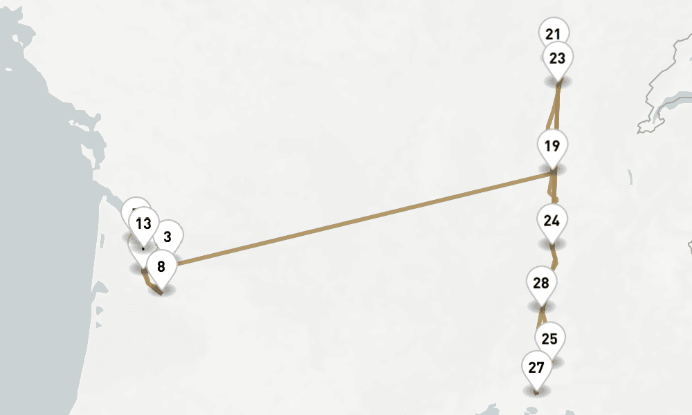 20 nights / 21 days, one-way from Bordeaux to Lyon