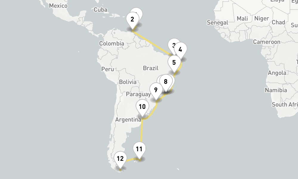 37 days, one-way from Bridgetown to Ushuaia 38日間