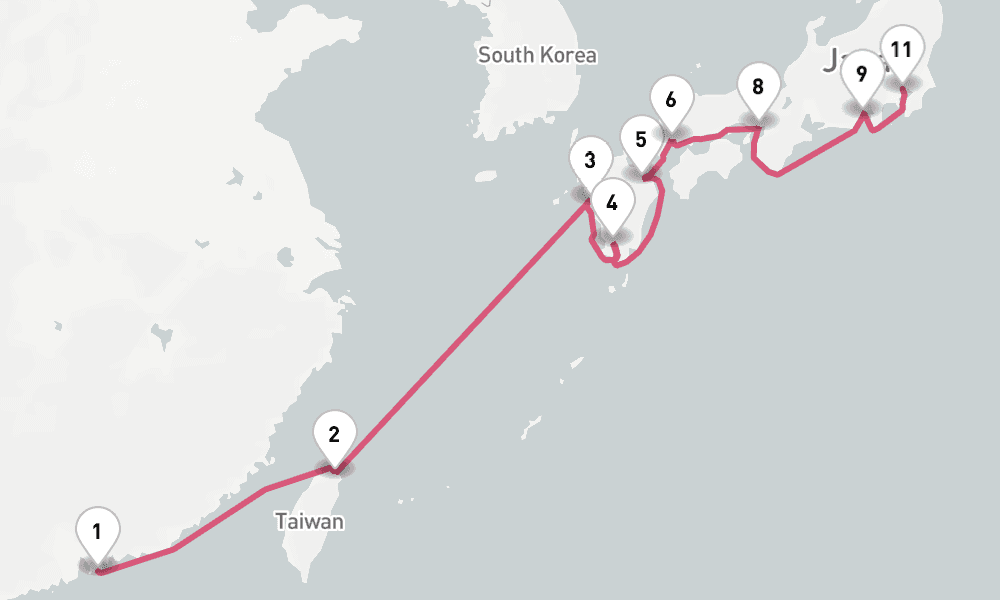 14 nights / 15 days, one-way from Hong Kong to Tokyo