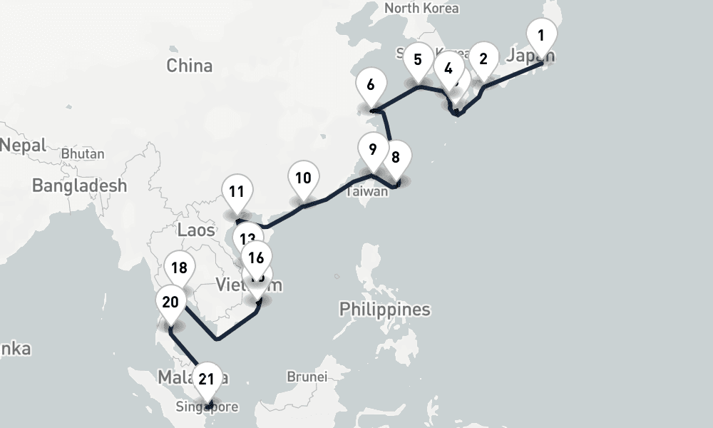 27 days, one-way from Tokyo to Singapore 28日間