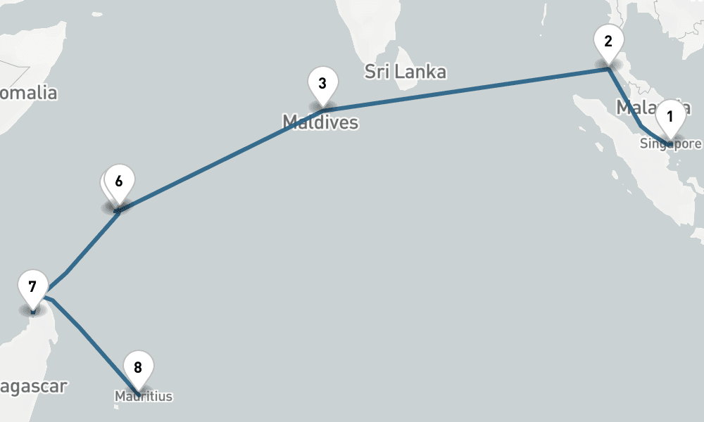 16 days, one-way from Singapore to Port Louis 17日間