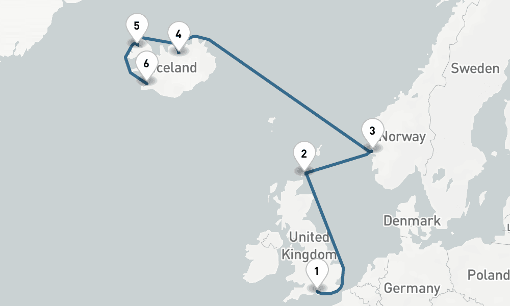 7 days, one-way from Southampton to Reykjavik 8日間