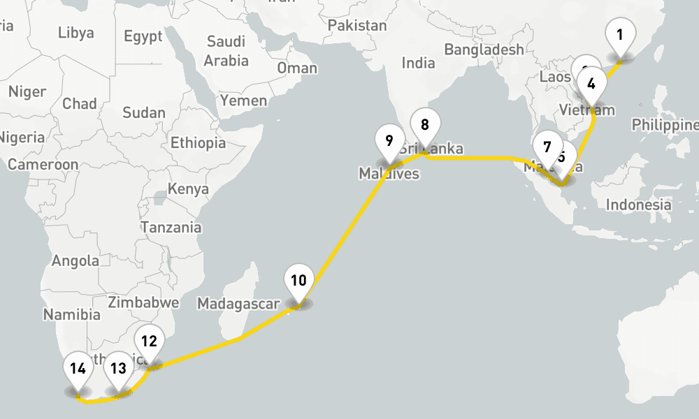 29 days, one-way from Hong Kong to Cape Town 30日間