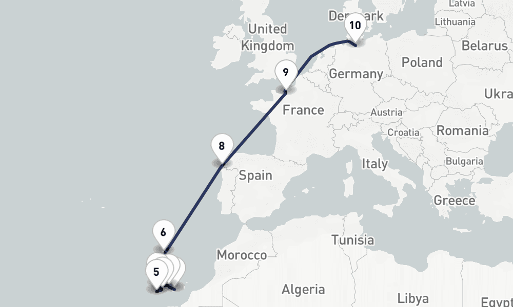 15 days, one-way from Las Palmas de Gran Canaria to Hamburg 16日間