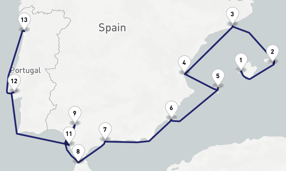 13 days, one-way from Palma de Mallorca to Porto-Leixoes 14日間