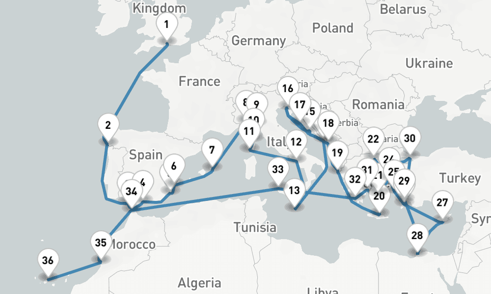 61 nights / 62 days, one-way from Southampton (England) to Santa Cruz de Tenerife (Canary Islands)