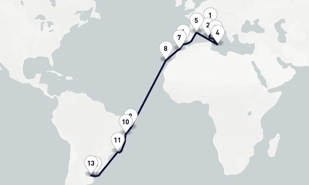 23 days, one-way from Livorno to Buenos Aires 24日間