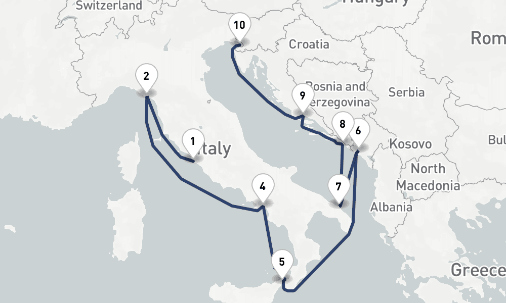 11 days, one-way from Civitavecchia-Rome to Trieste 12日間