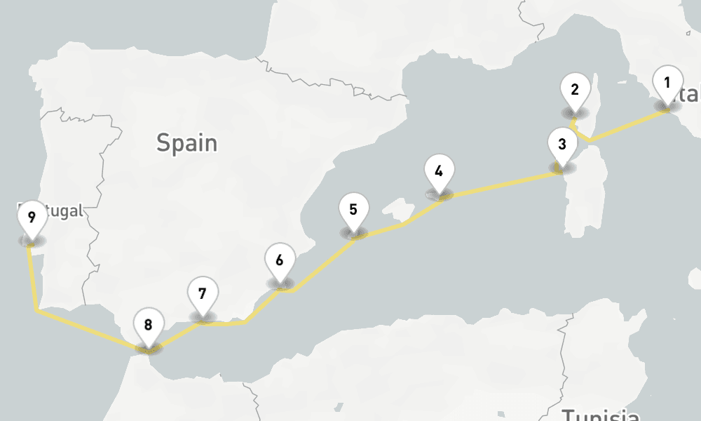 9 days, one-way from Civitavecchia-Rome to Lisbon 10日間