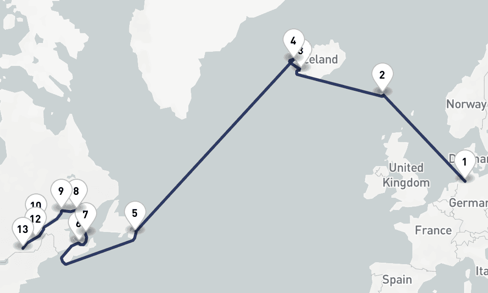 22 days, one-way from Bremerhaven to Montreal 23日間