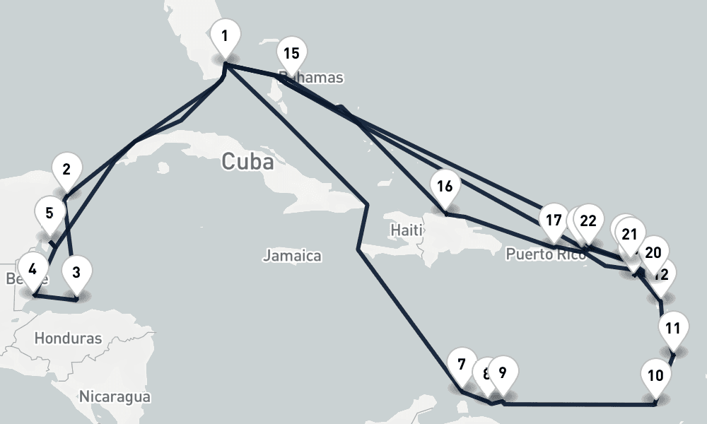 31 days, round-trip Loving the Island Life Miami to Miami 32日間