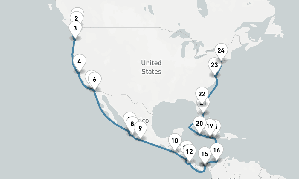 32 days, one-way from Vancouver to New York 33日間