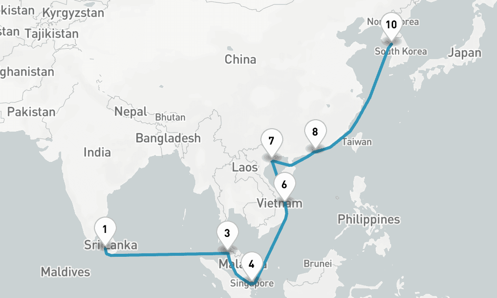22 days, one-way from Colombo to Incheon 23日間