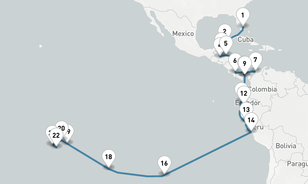 33 days, one-way from Fort Lauderdale to Papeete 34日間