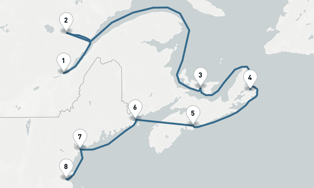 10 days, one-way from Quebec City to Philadelphia 11日間