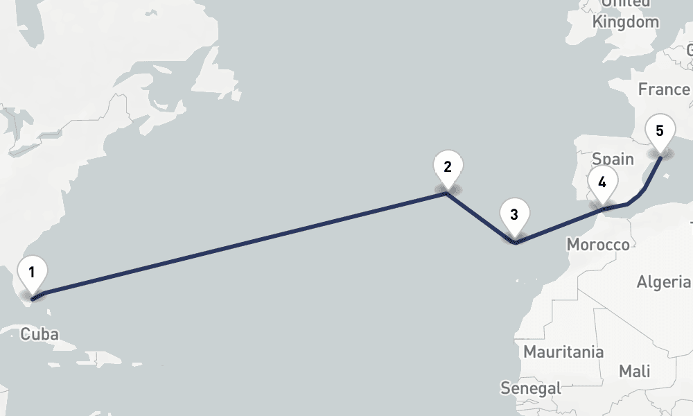 14 days, one-way from Fort Lauderdale to Barcelona 15日間