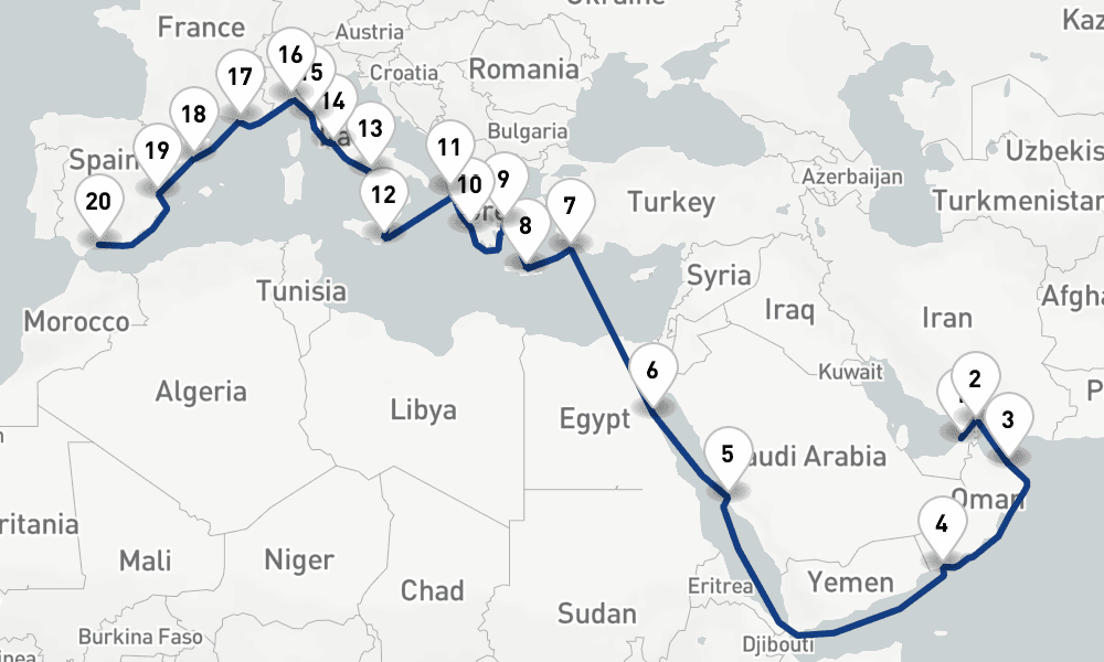 28 nights / 29 days, one-way from Dubai (Port Rashid, UAE) to Malaga