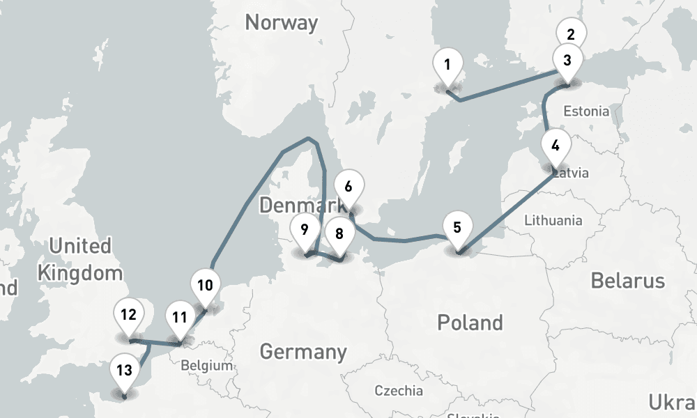 15 nights / 16 days, one-way from Stockholm to Le Havre (Paris, France)