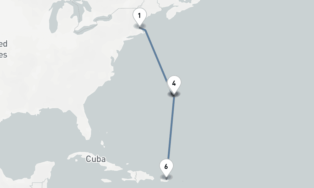 8 nights / 9 days, one-way from Boston (Massachusetts) to San Juan (Puerto Rico)
