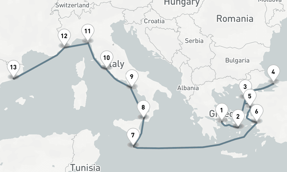 14 nights / 15 days, one-way from Piraeus (Athens, Greece) to Barcelona