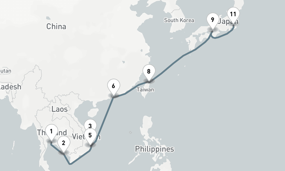 16 nights / 17 days, one-way from Laem Chabang (Bangkok, Thailand) to Tokyo
