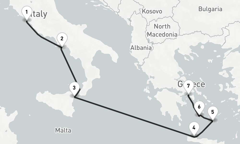 7 nights / 8 days, one-way from Civitavecchia (Rome, Italy) to Piraeus (Athens, Greece)